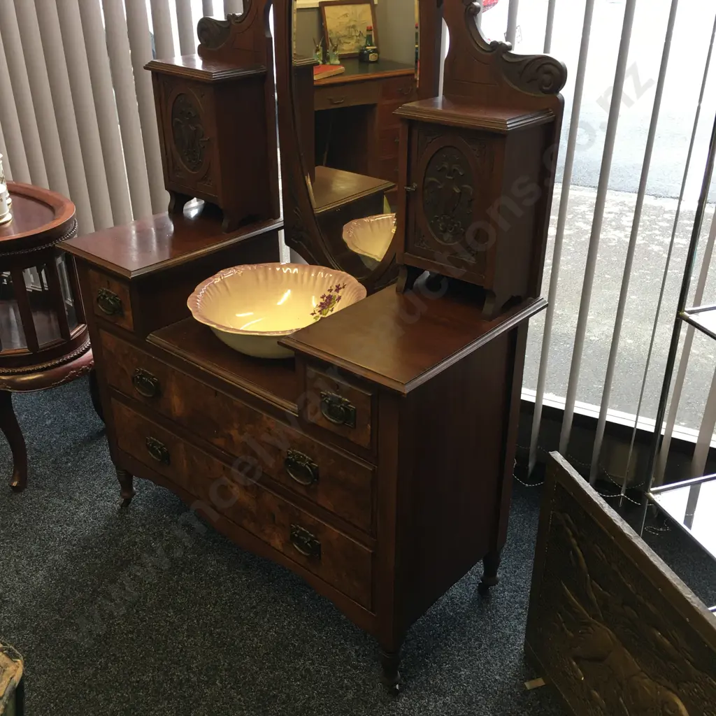 Edwardian Walnut & Burr Walnut Dressing Table, Carved, Bevelled Oval Mirror, Original Handles & Castors, H176 W107 D49cm Image 1++
